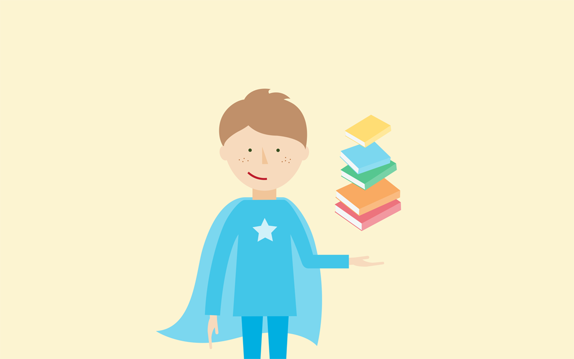 A superhero teacher with a blue cape, a silver star on his chest and 5 books levitating in his hand