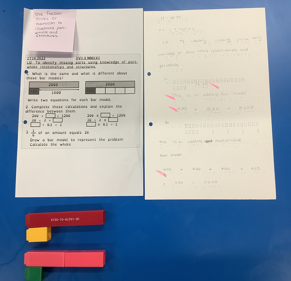 Concrete materials used to explain maths mastery bar model to visually impaired students