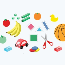 an assortment of primary objects including shapes, scissors and fruit