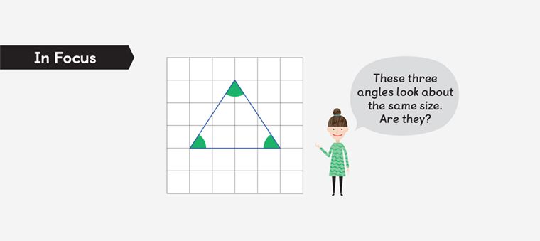 In focus task from Textbook 5B, Chapter 9, Lesson 2 of the MNP primary series explores if 3 angles are the same size