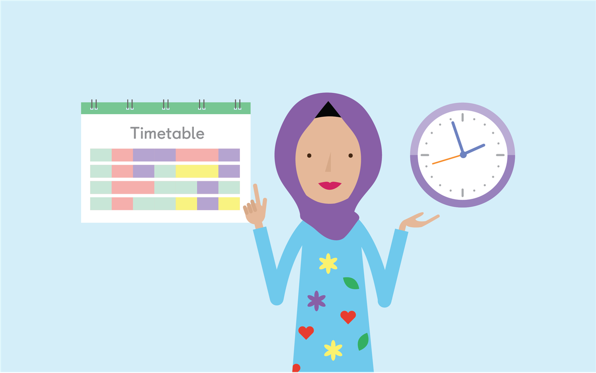 a maths teacher pointing at her timetable on the wall, and acknowledging the time on an analog clock on the wall .