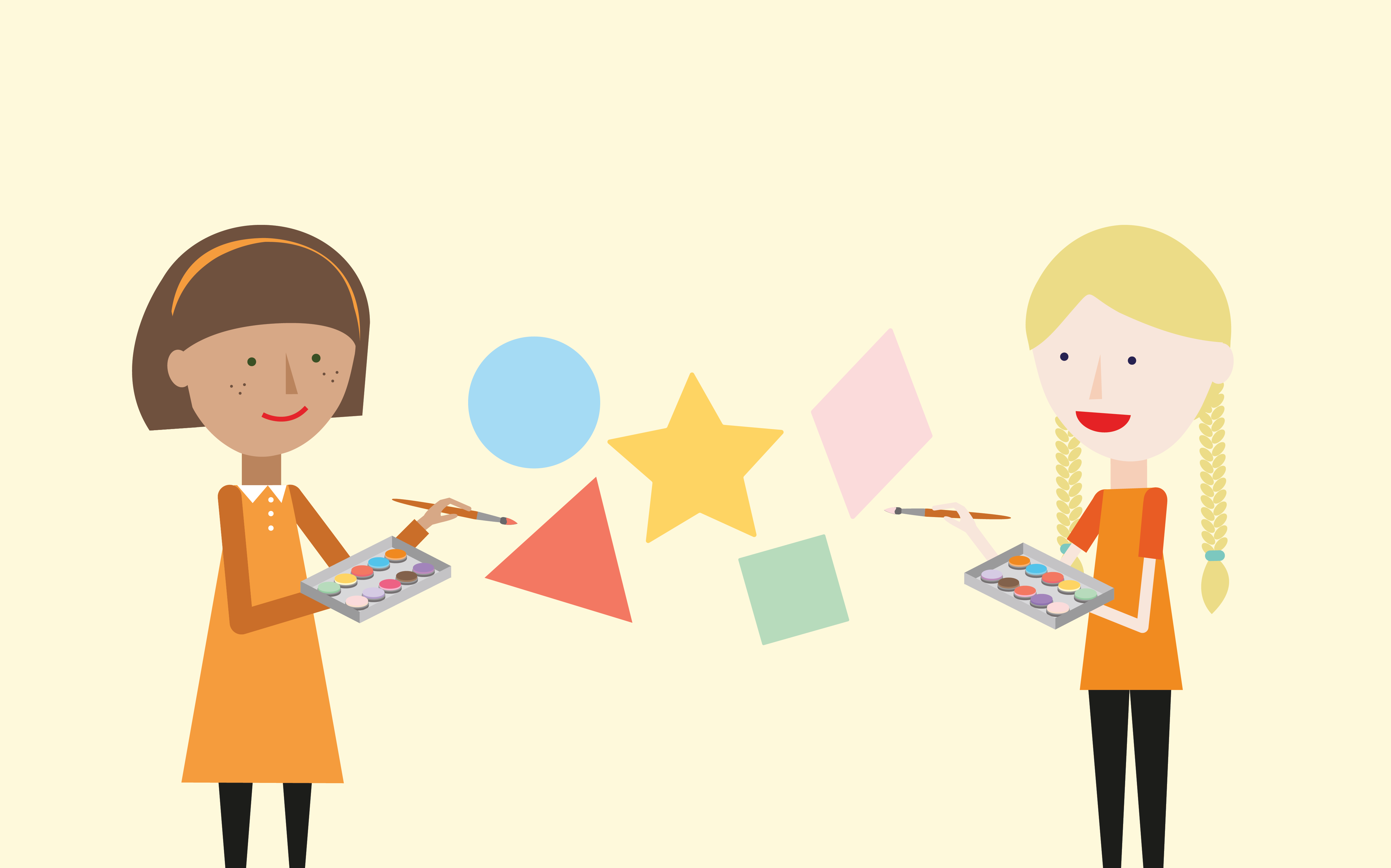 Two students painting different shapes on a wall. A blue circle, a gold star, a green square, a pink diamond, and a red triangle