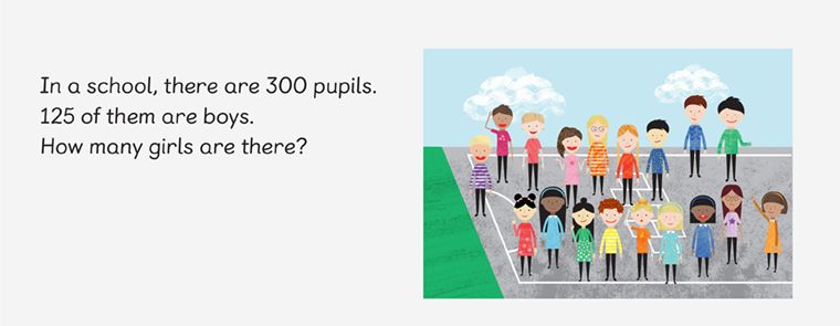 illustration of students in a school yard and a word problem asking the following: In a school, there are 300 pupils. 125 of them are boys. How many girls are there?