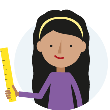 Meilani, in a purple dress with her long black hair pulled back with a yellow hair hoop, is holding a yellow ruler