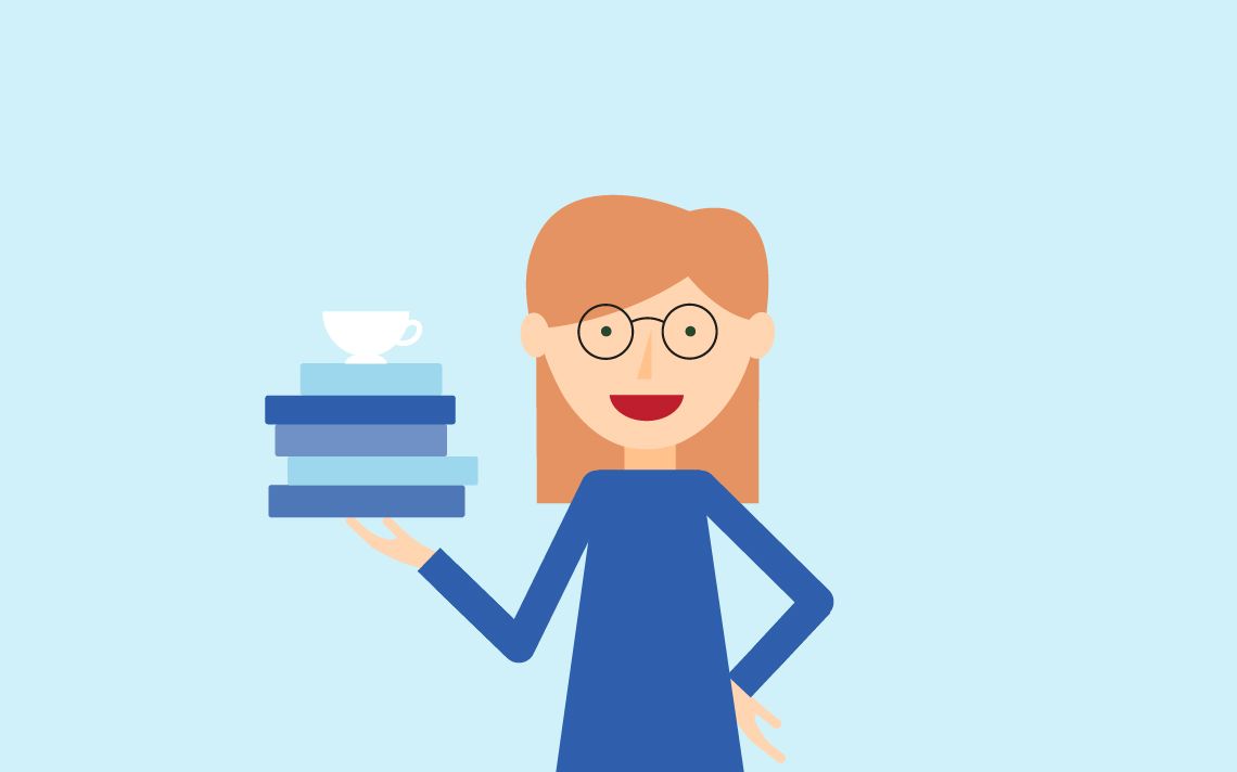 A maths teacher holding up 5 books in one hand with a teacup on top