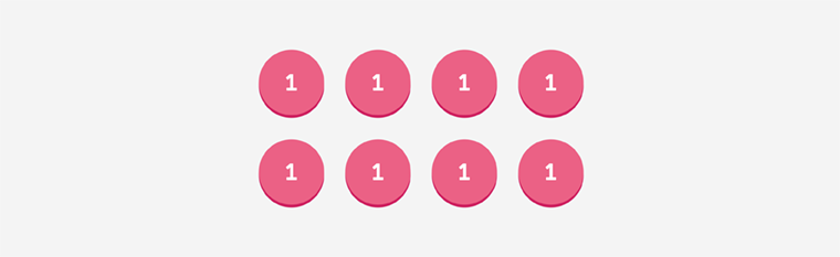 Eight pink counters are arranged to represent 2 groups of 4.