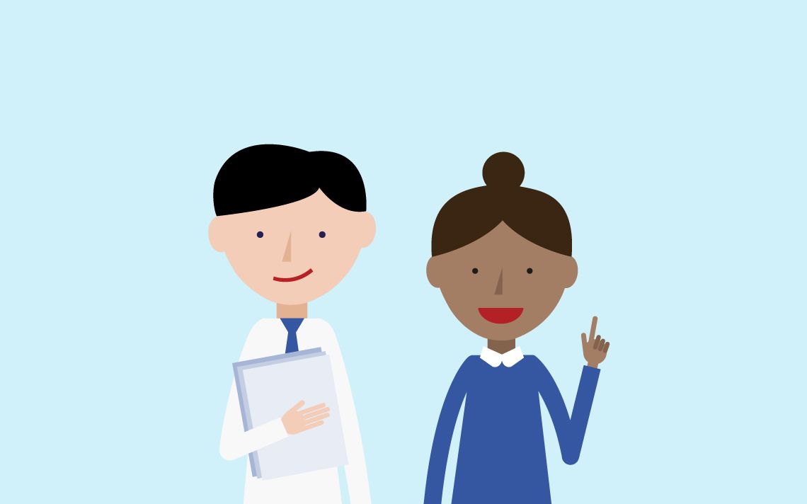 Two maths mastery teachers standing together on a blue background