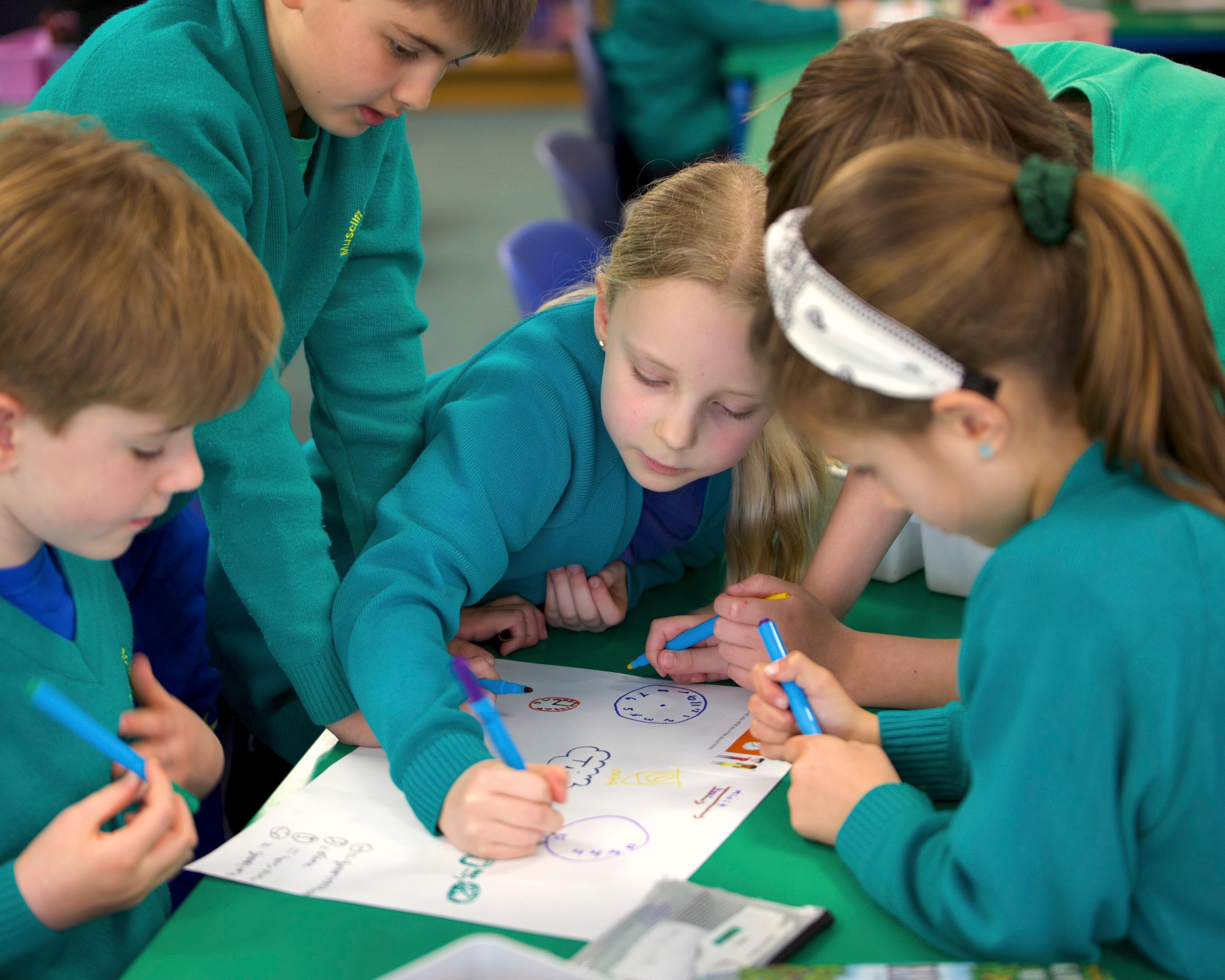 Five pupils working together on maths.