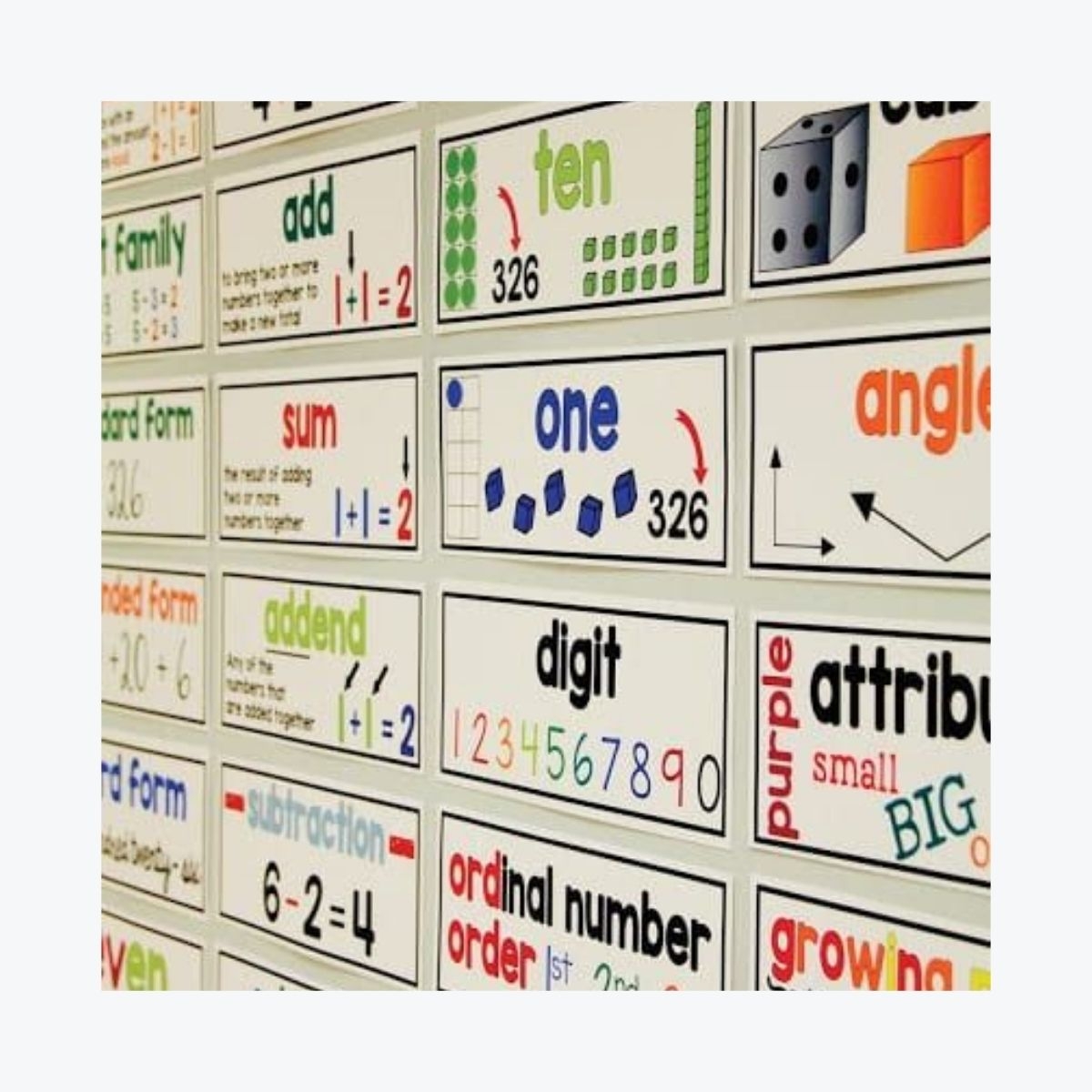 Educational display featuring various mathematical terms and concepts for primary school students, including "add," "sum," "digit," and "angle," with visual aids and examples.