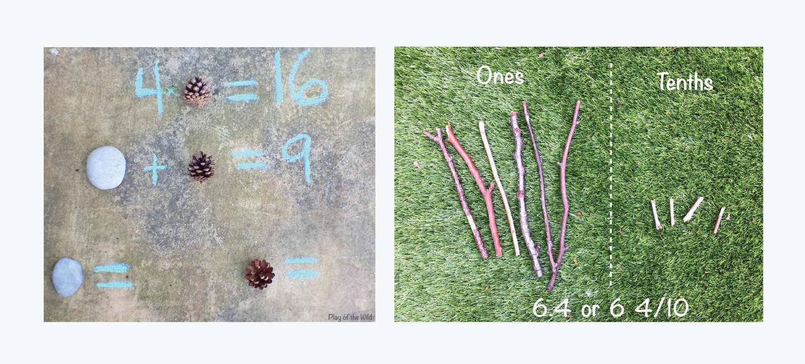 Two images side by side. The left demonstrates equations using objects. The right demonstrates place value using two different objects.