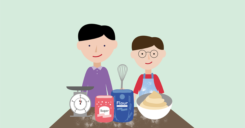 a parent and child in the kitchen using maths to bake something delicious