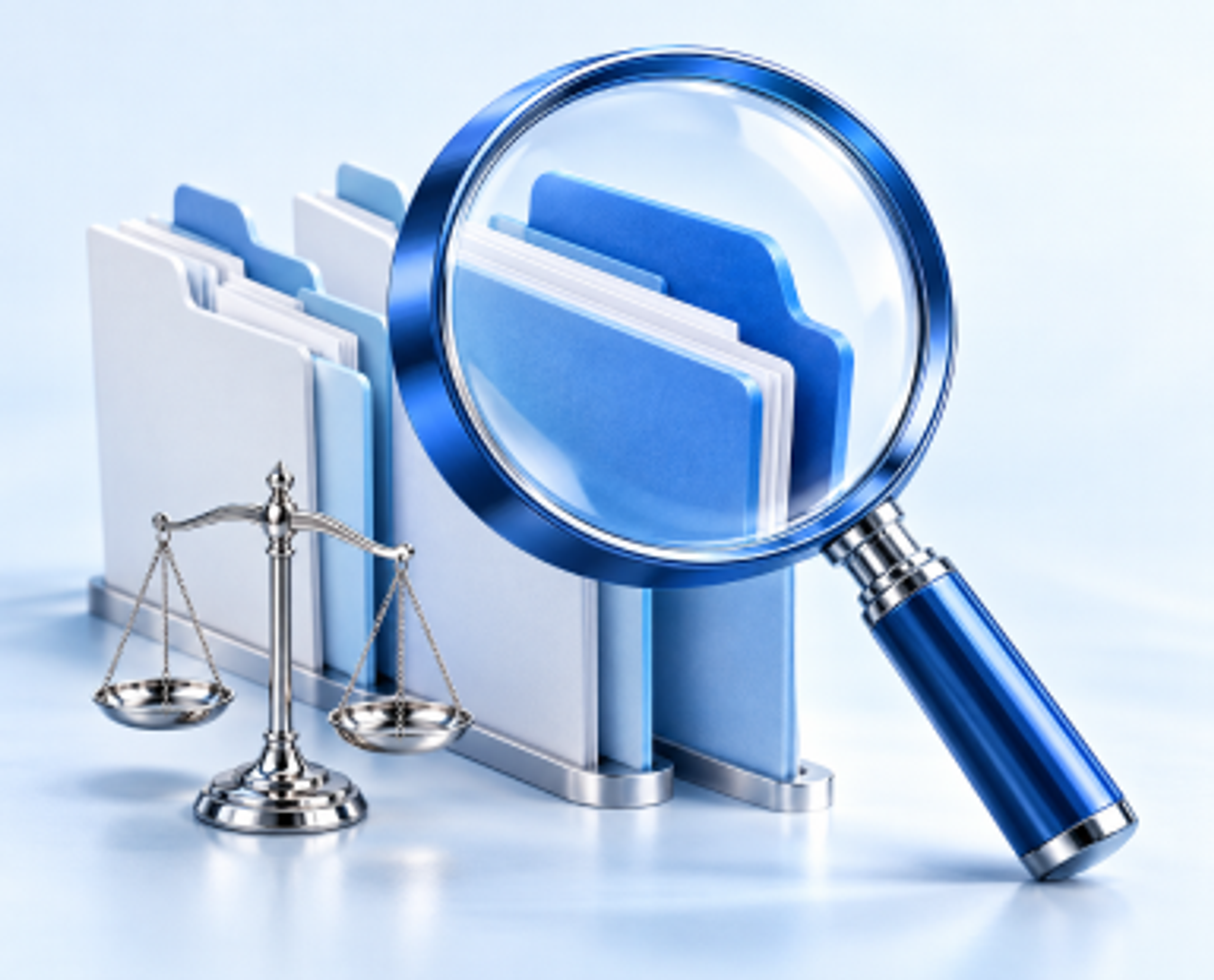 Thumbnail image for an AM InfoWeb case study about scaling legal record retrieval, showing medical folders under a magnifying glass beside scales of justice.