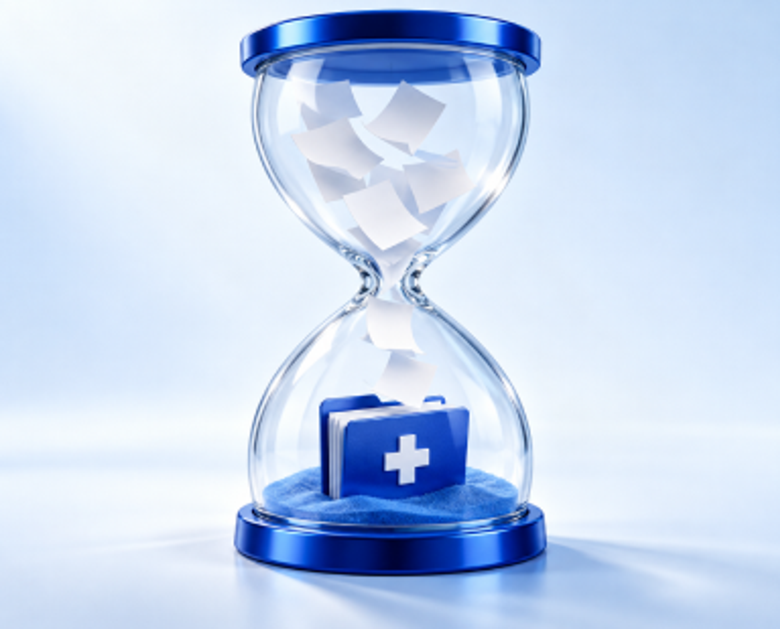 Thumbnail image for an AM InfoWeb case study about streamlining medical record retrieval, showing loose papers passing through an hourglass into organized medical folders.