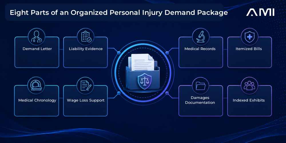 This AM Infoweb infographic about personal injury demand packages shows eight organized components: demand letter, liability evidence, medical records, itemized bills, medical chronology, wage loss support, damages documentation, and indexed exhibits.