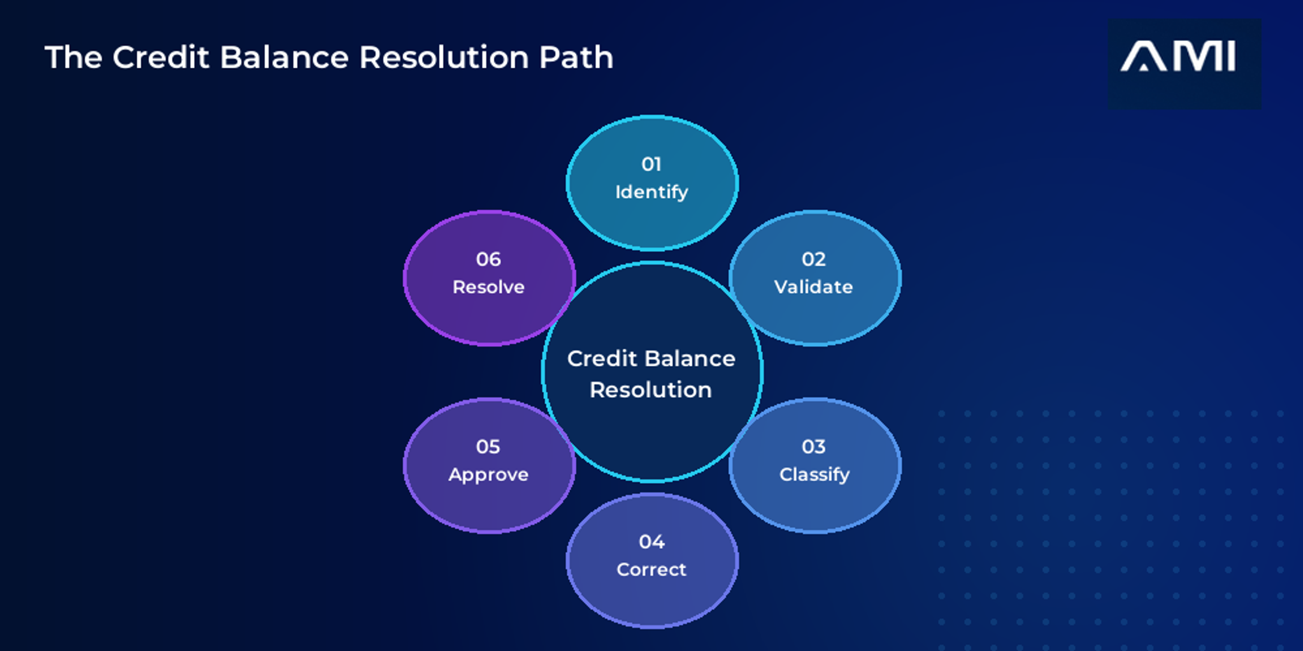 This is the primary infographic for an AM Infoweb blog about credit balance resolution. A six-petal flower shows identify, validate, classify, correct, approve, and resolve around a central credit balance workflow.