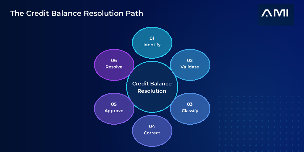 This is the primary infographic for an AM Infoweb blog about credit balance resolution. A six-petal flower shows identify, validate, classify, correct, approve, and resolve around a central credit balance workflow.