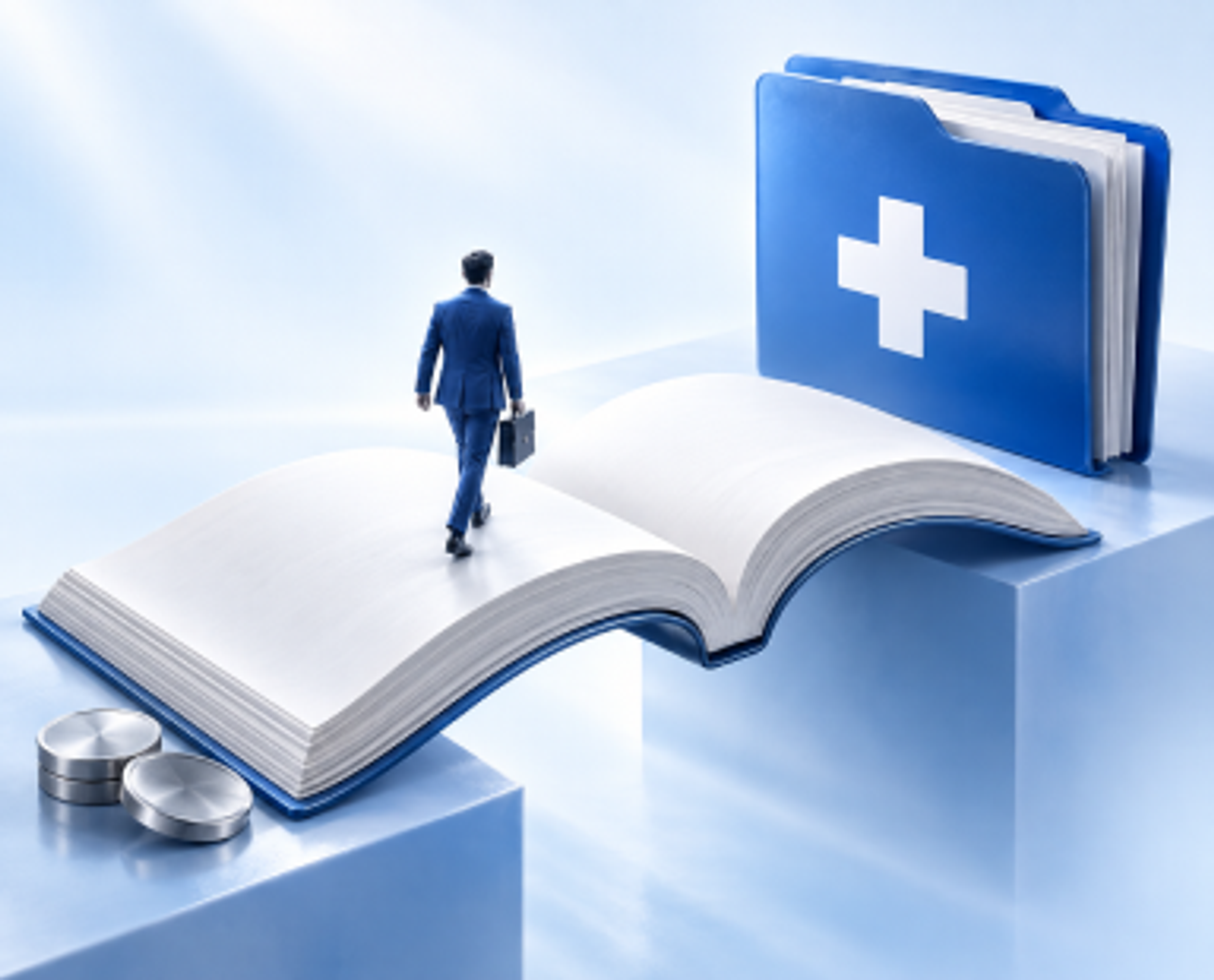 Thumbnail image for an AM InfoWeb case study about a billing company's second chapter, showing a businessperson walking across an open book toward blue medical folders.