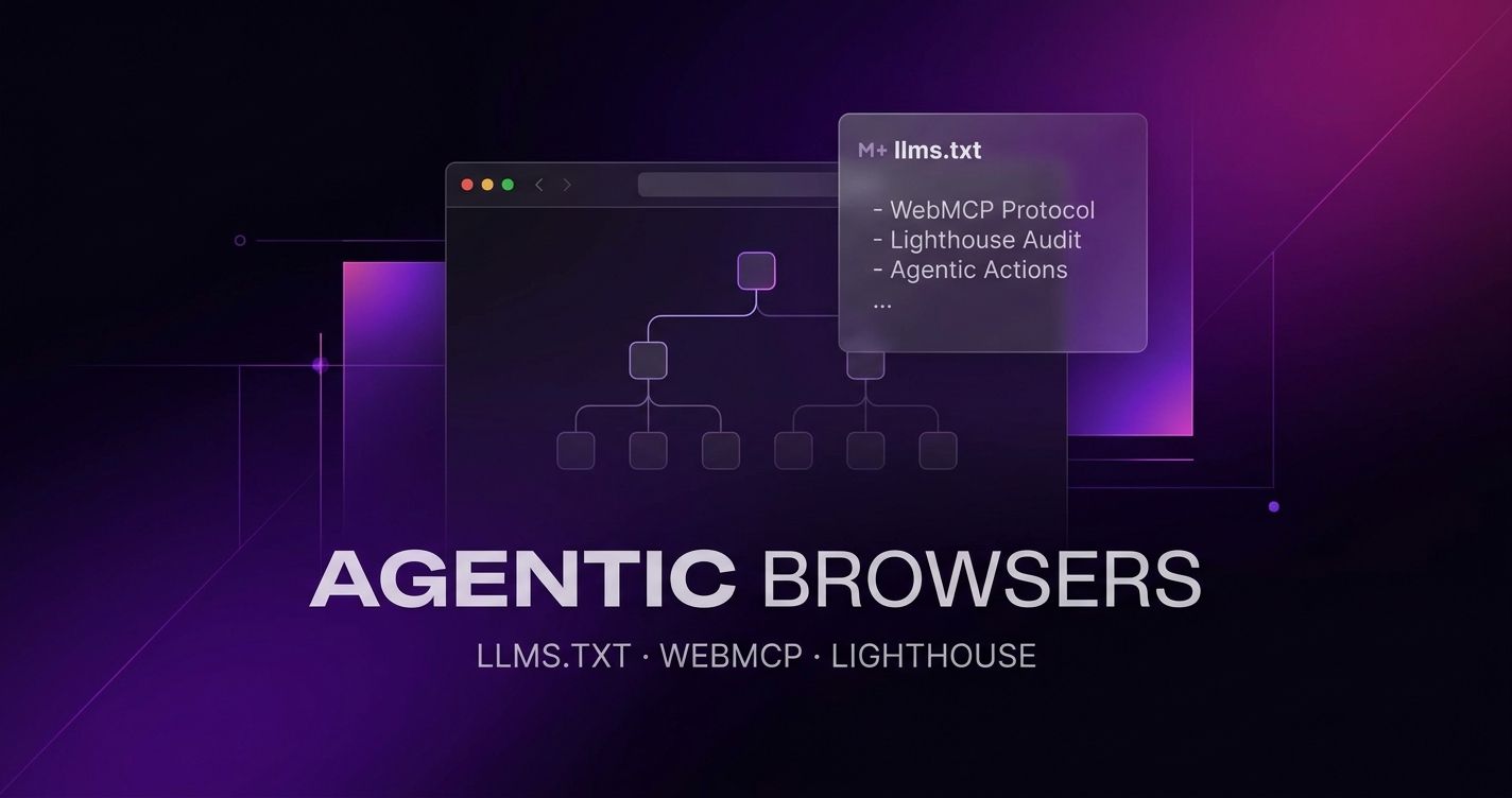 Imagem com fundo roxo e texto: Agentic Browsers, llms.txt, webmcp, lighthouse