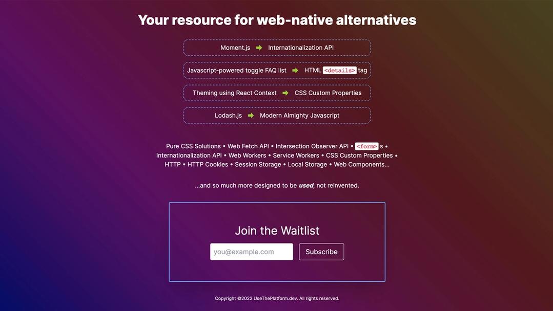 Homepage view of usetheplatform.dev