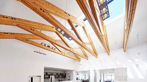 Vaulted ceiling with exposed timber roof trusses