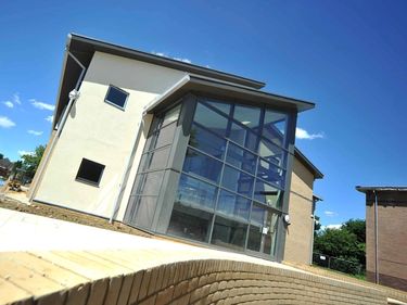 timber frame school building with large glazed entrance hall