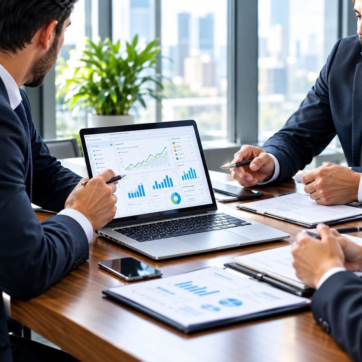 An employer and a recruiter going over hiring figures on a laptop