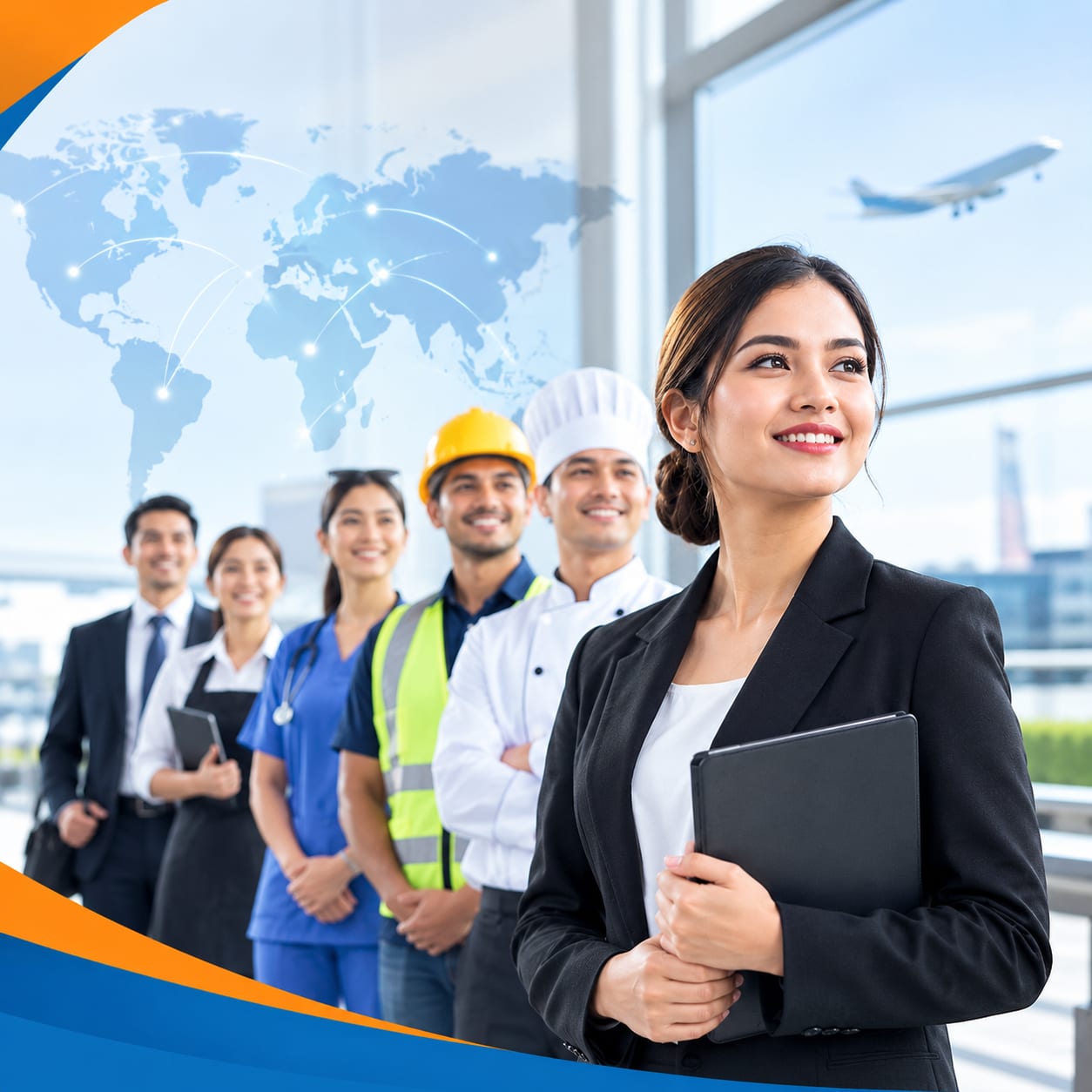 Workers from different trades standing together in front of a world map