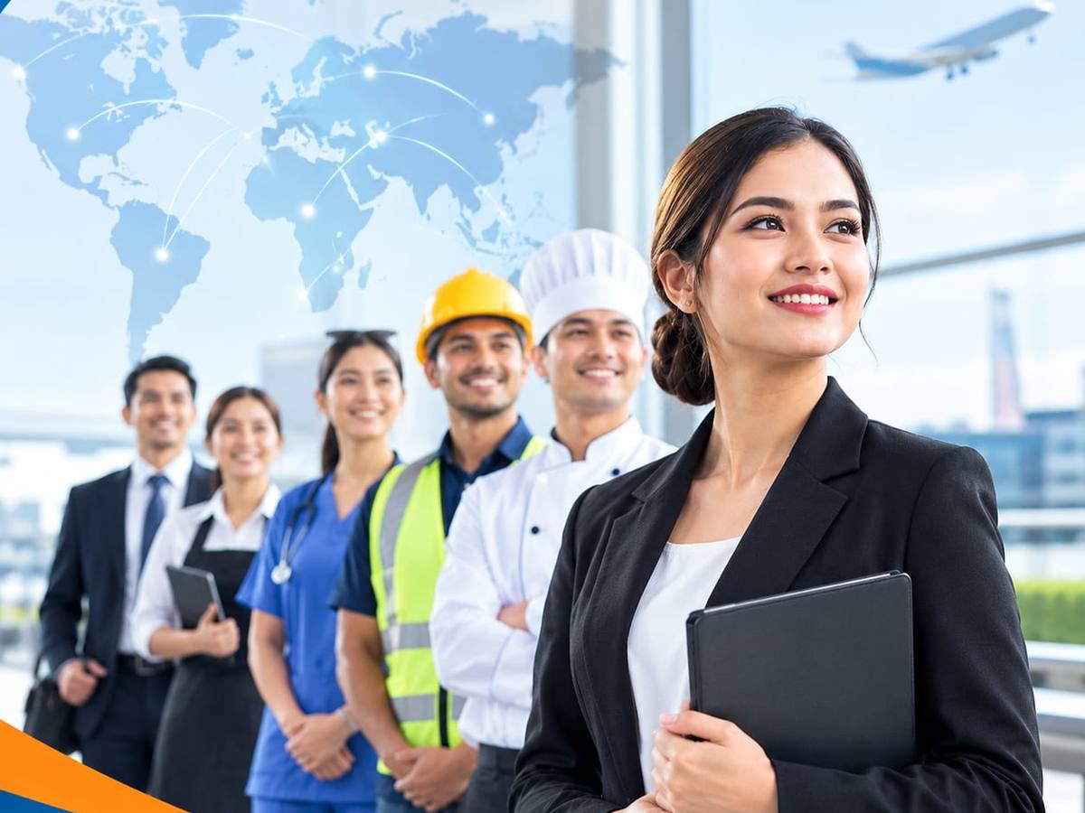 Workers from different trades standing together in front of a world map