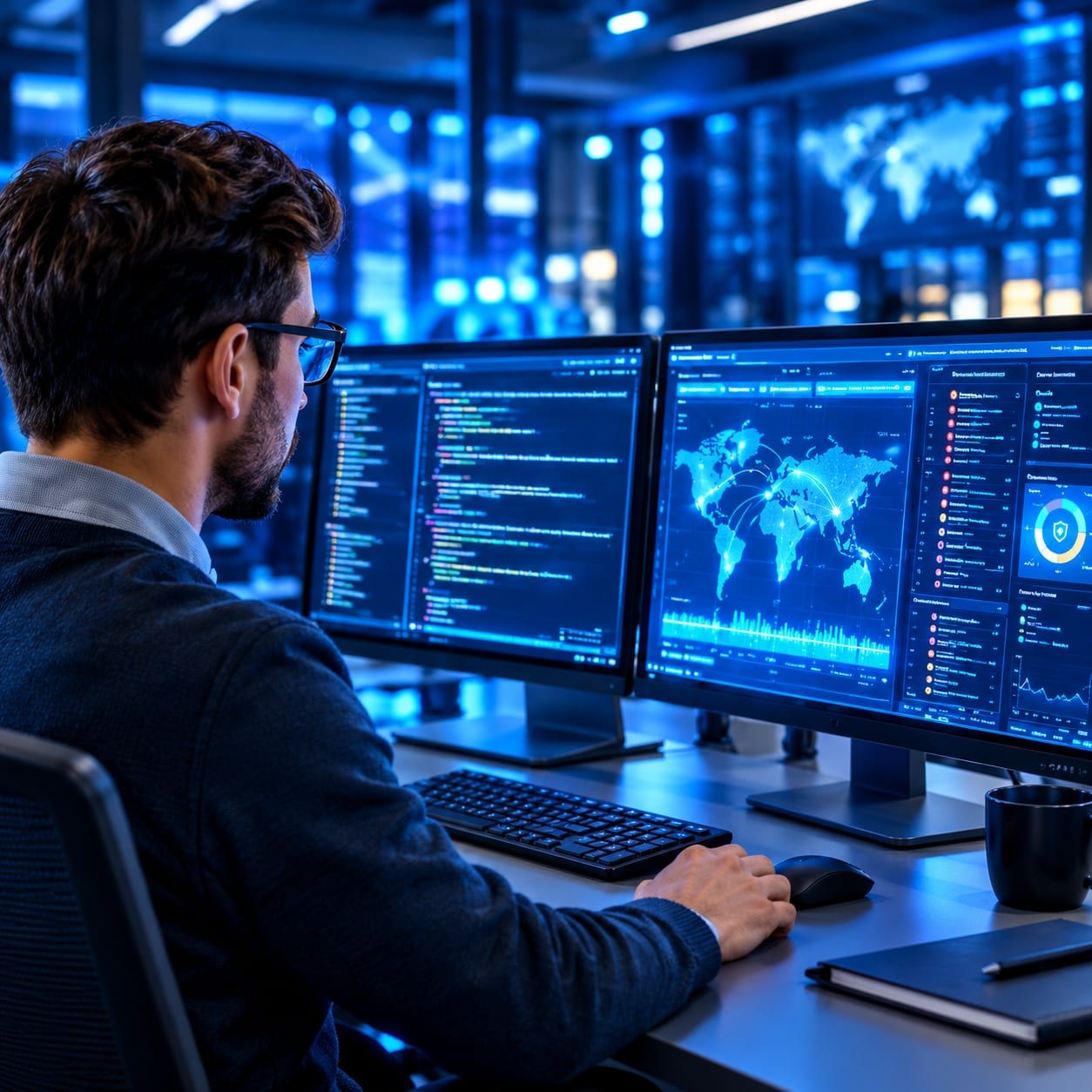A specialist working across several monitors of data and a world map