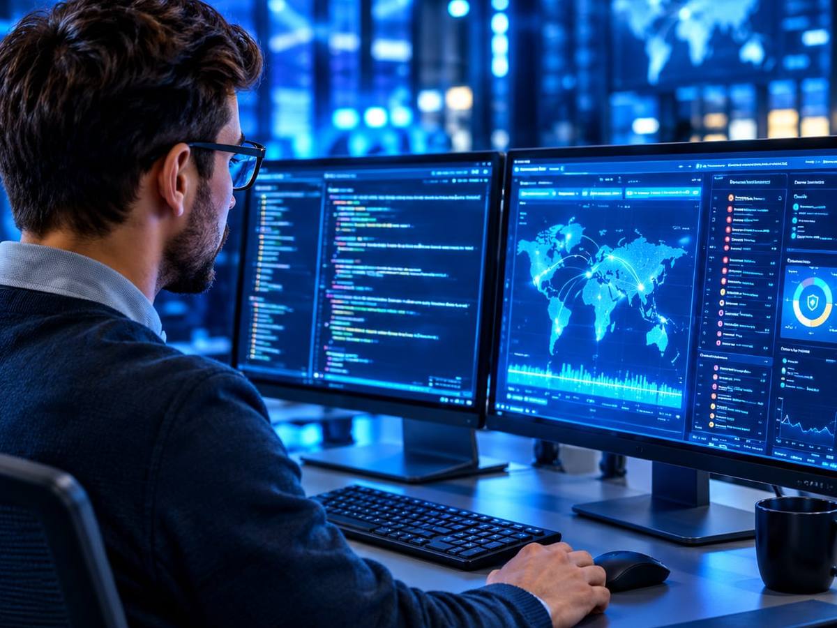 A specialist working across several monitors of data and a world map