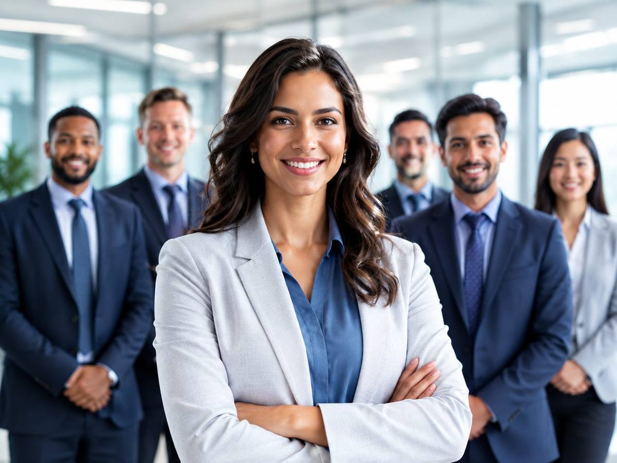 A smiling team leader with her colleagues in a modern office