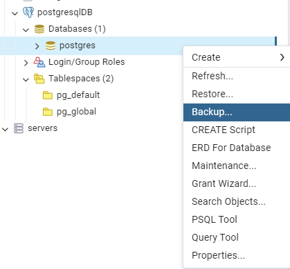 pgAdmin database backup menu item select