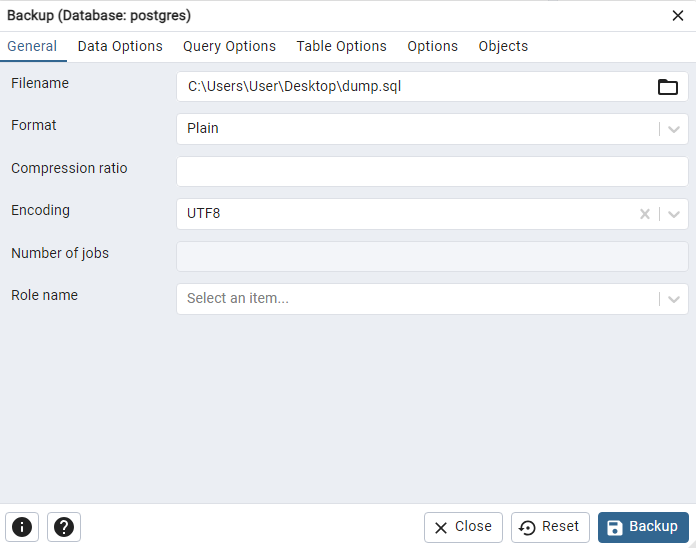 pgAdmin backup database general tab view