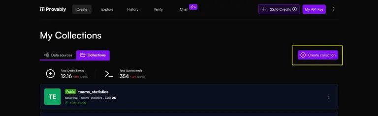 My collections tab in the provably app with "create collection" button marked