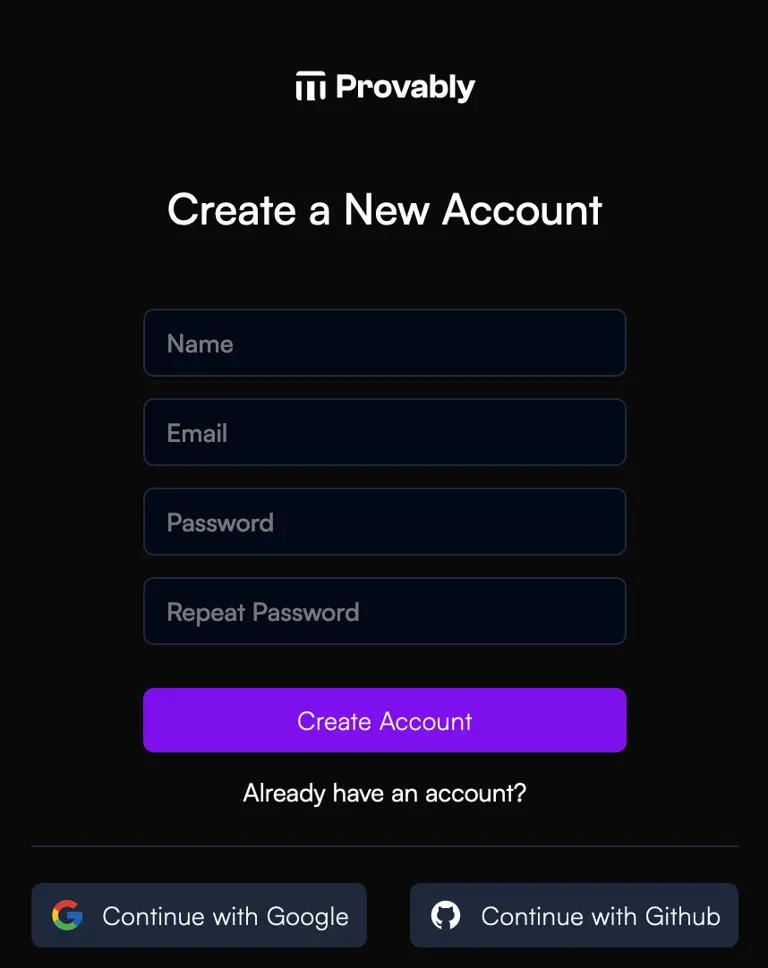 Create a new account in the provably app