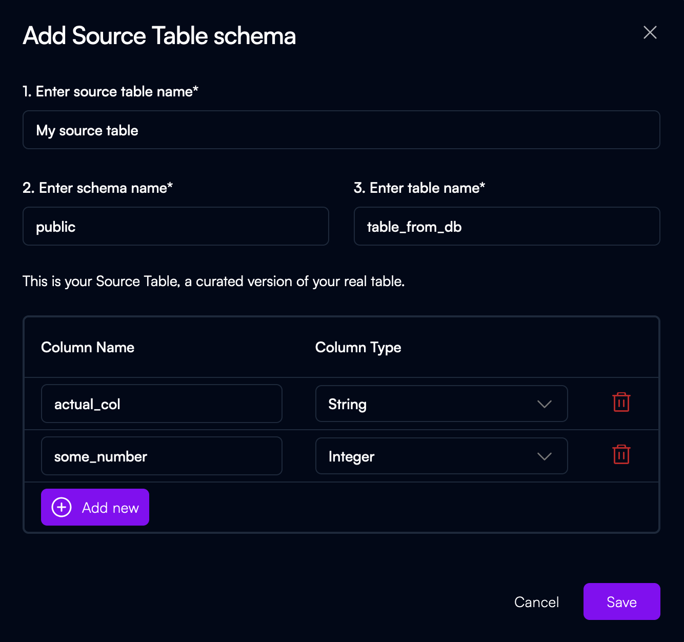 Add source table dialog in the provably app