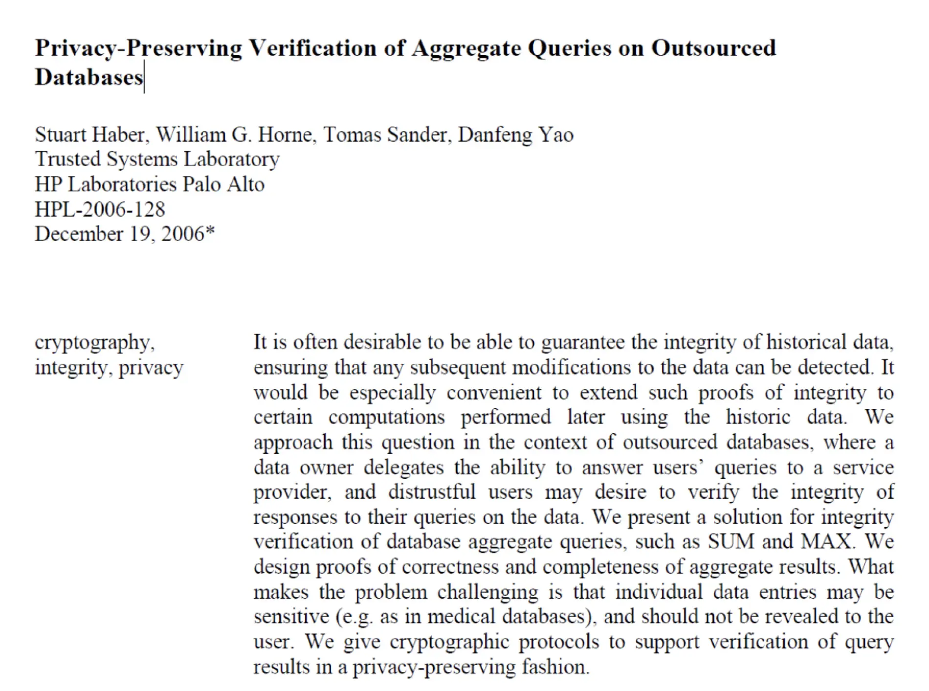 Privacy-preserving verification of aggregate queries on outsourced databases document