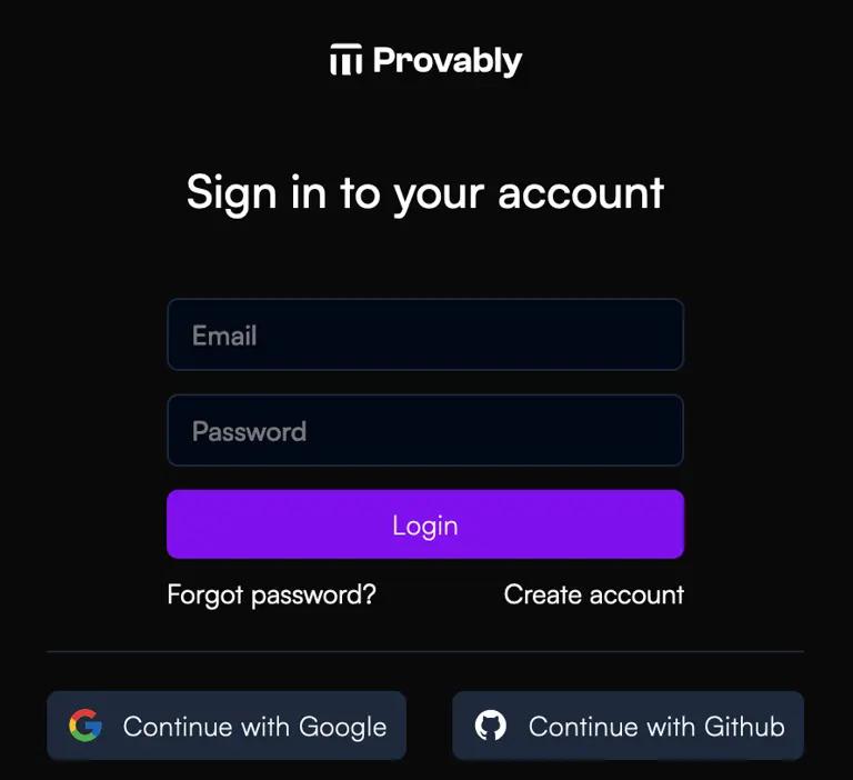 Sign in form in the provably app