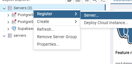 pgAdmin register server view