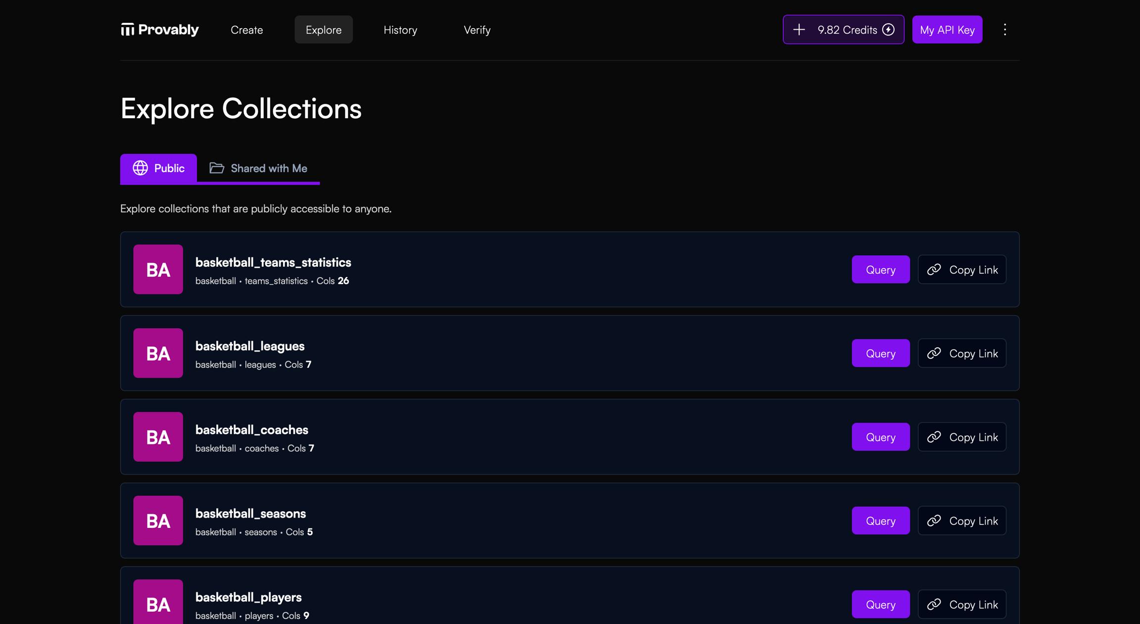 Explore collections page in the provably app