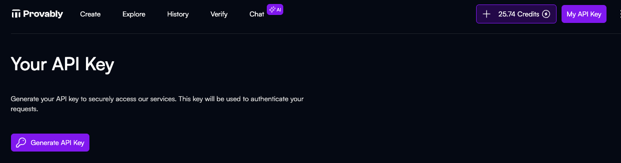 Your API key page in provably app
