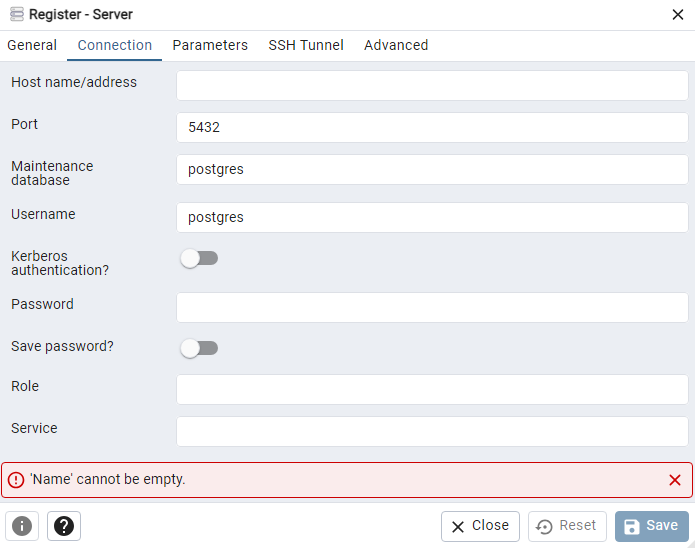 pgAdmin register server modal