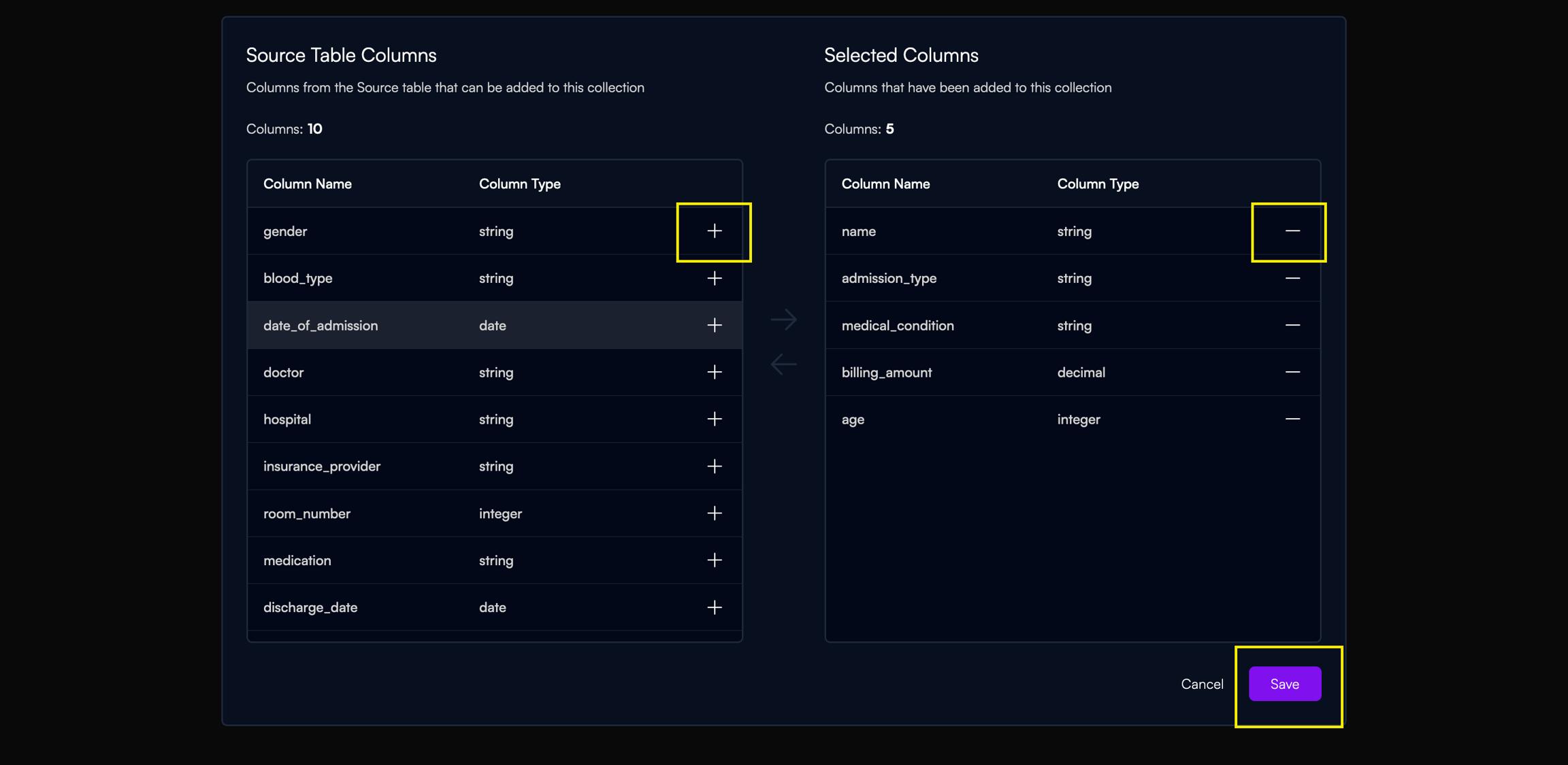 Highlighted collection column management form actions in the collection page