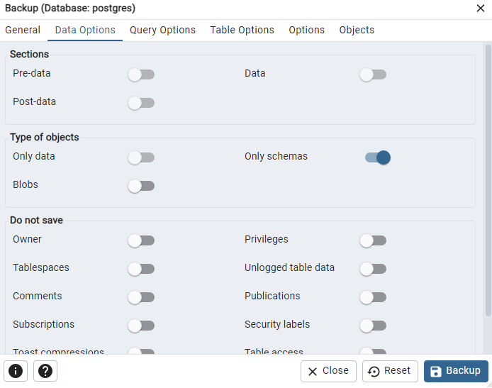 pgAdmin database backup data options tab view