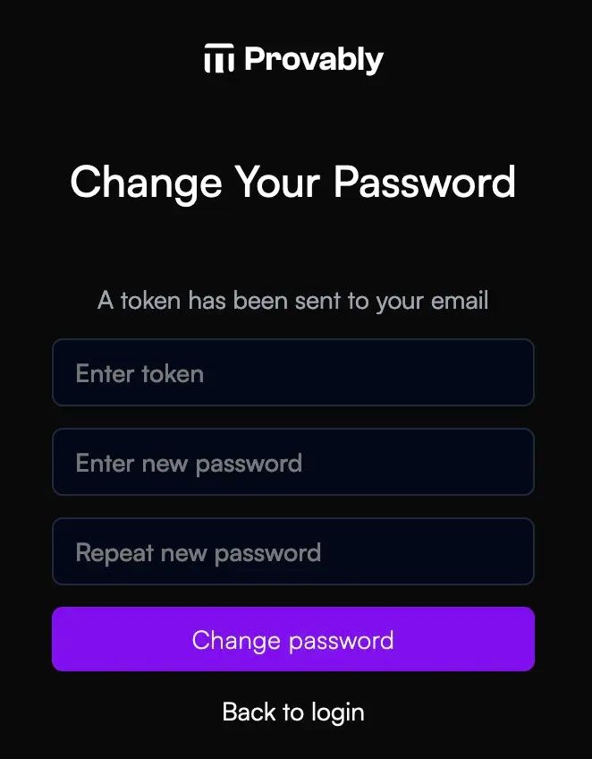 Change your password form in the provably app