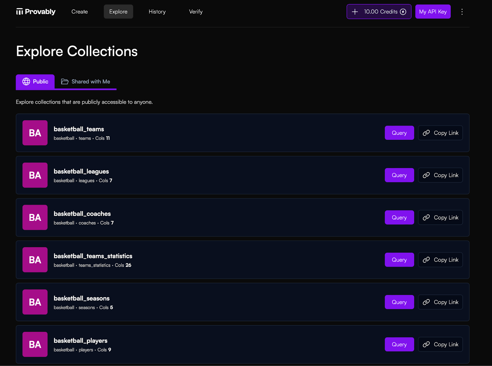 Explore collections view in the provably app