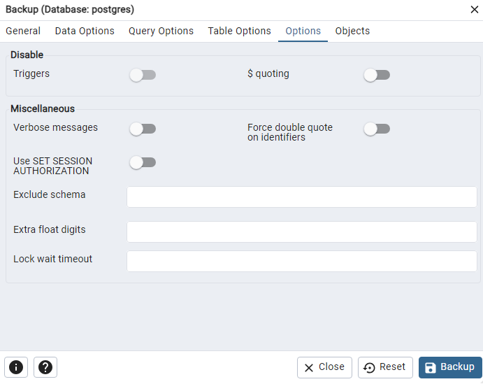 pgAdmin database backup options tab view