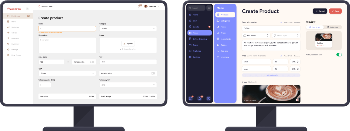 Gammel og ny POS Backoffice, side om side