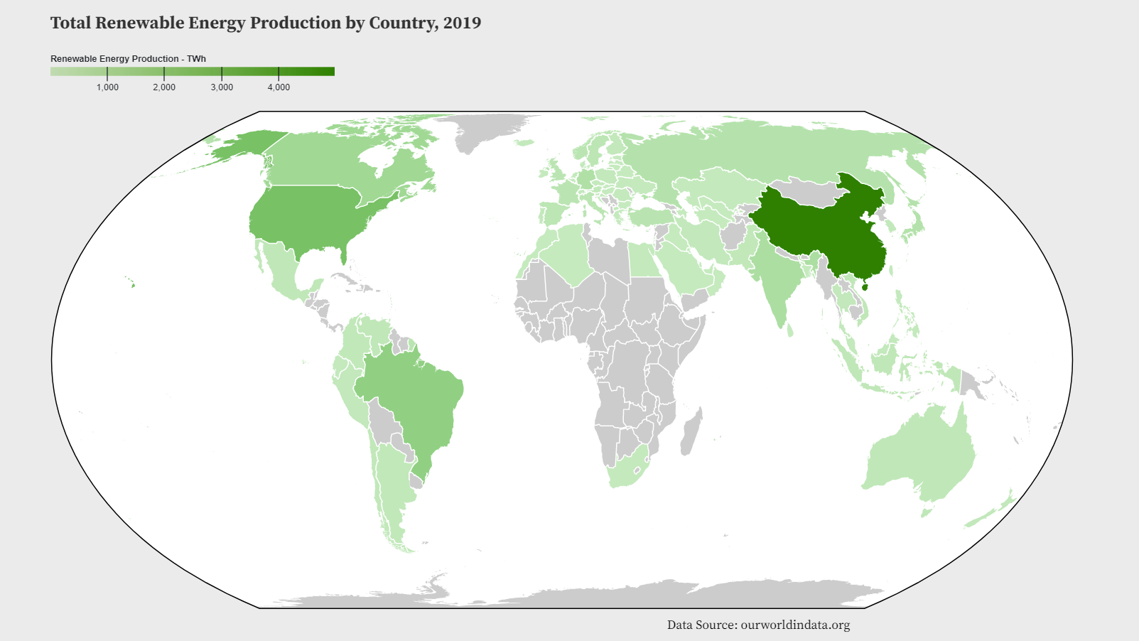 Map of the world showing renewable energy production in 2019