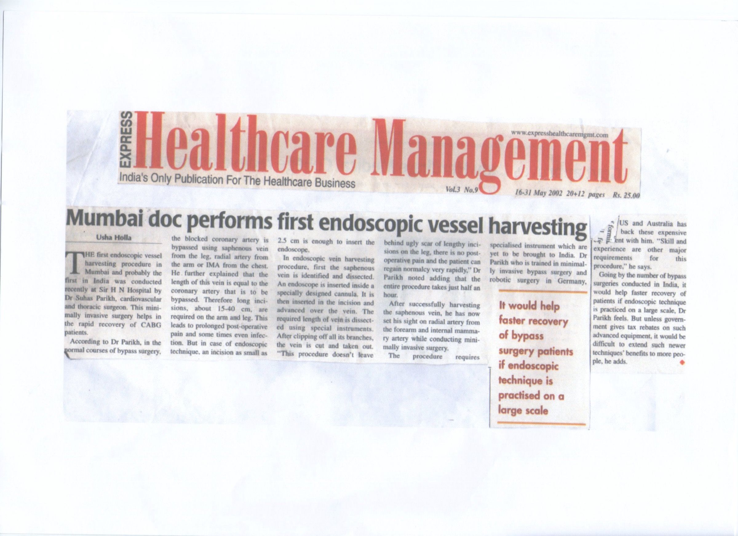 Newspaper clipping — Mumbai doc performs first endoscopic vessel harvesting